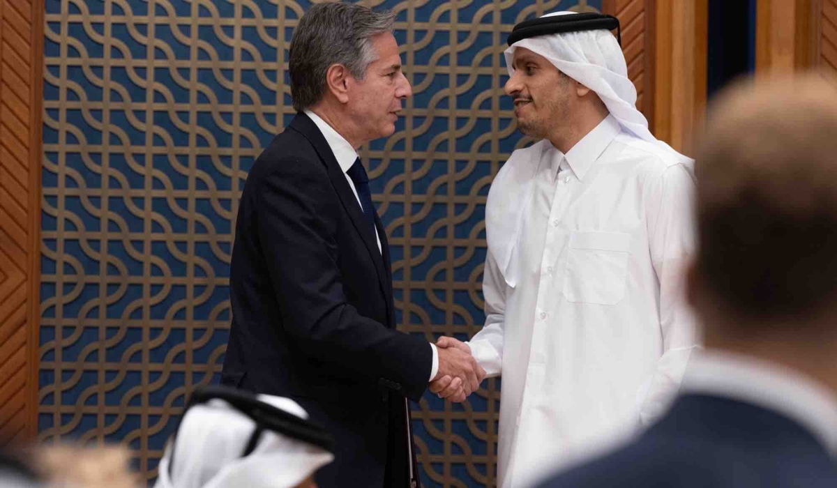 Prime Minister and Minister of Foreign Affairs H E Sheikh Mohammed bin Abdulrahman bin Jassim Al Thani with US Secretary of State Antony Blinken